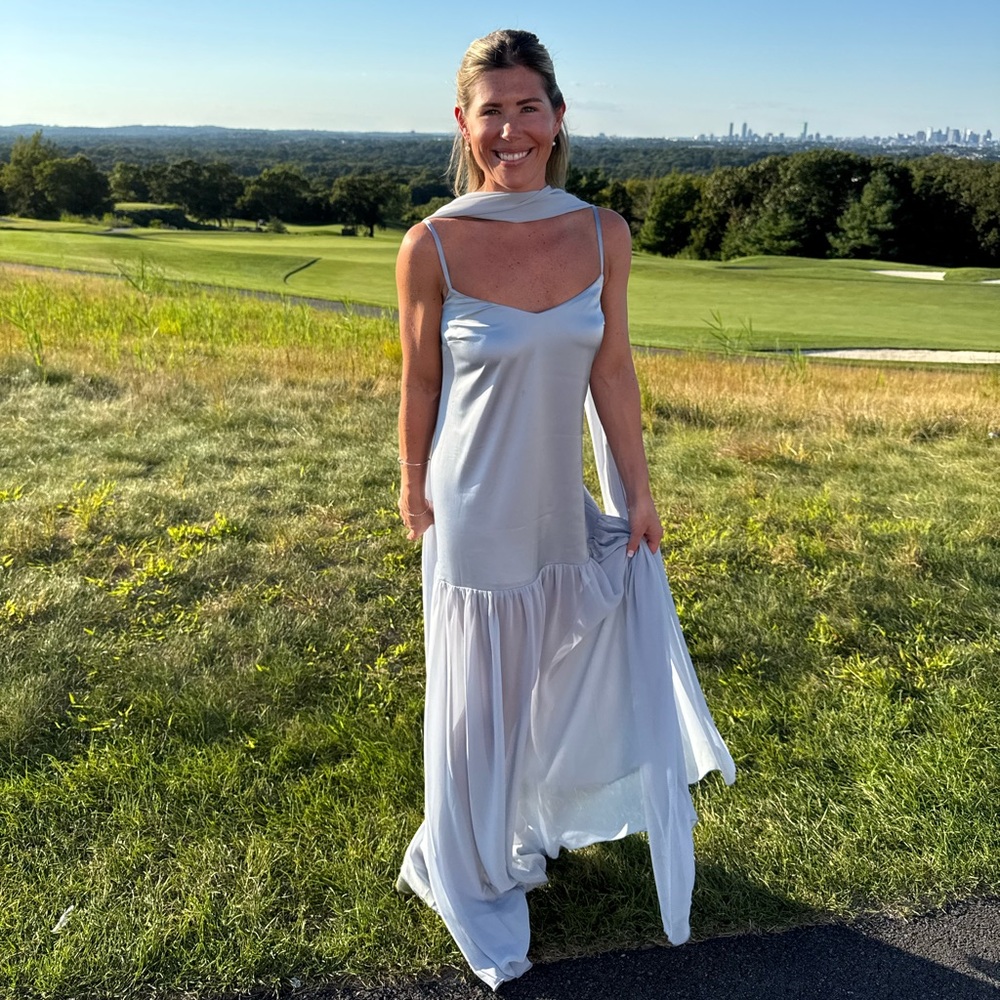 Show Me Your Mumu Dalia Maxi Dress Steel Blue Satin S